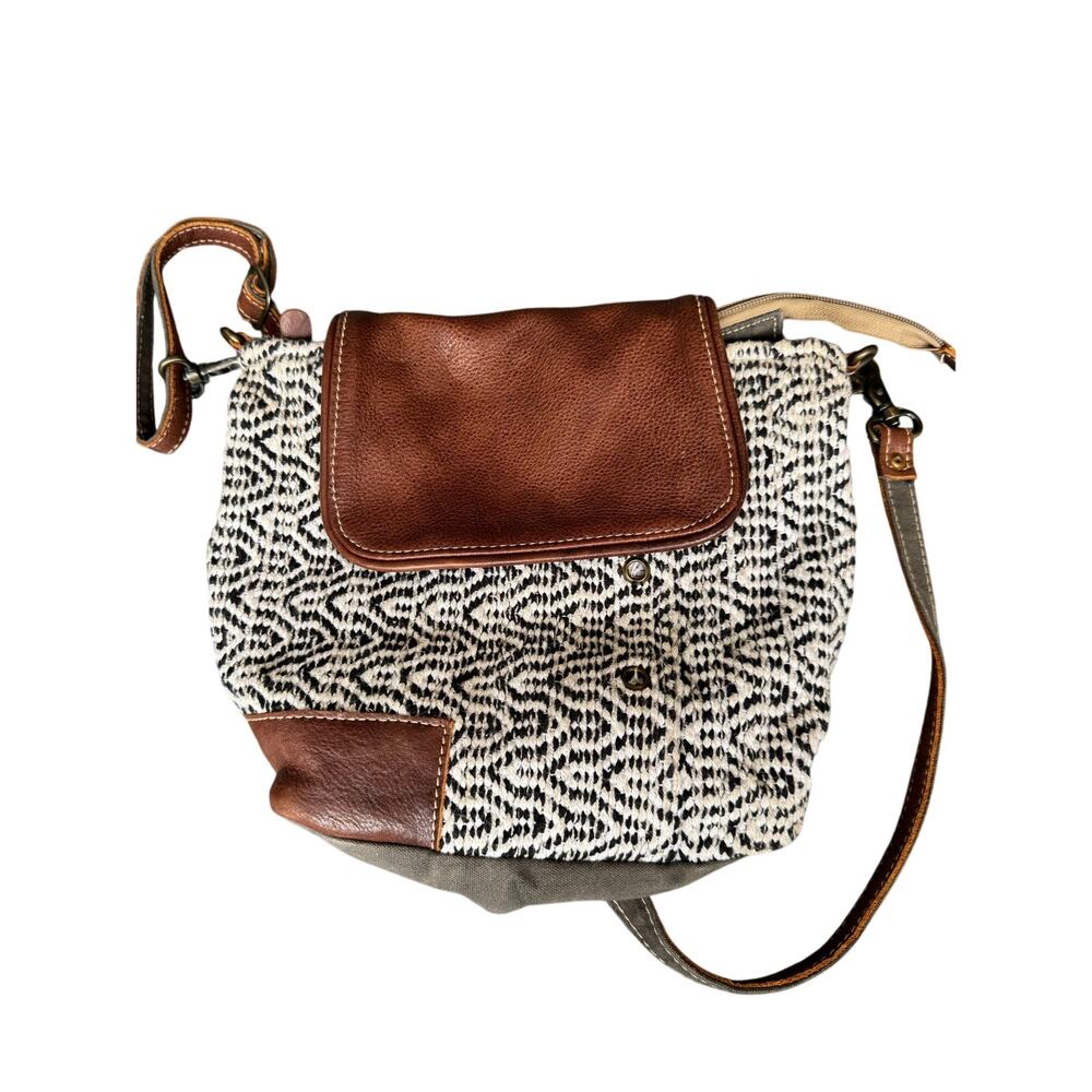 Myra Bag Black & White Woven Canvas Leather Flap Crossbody Bag